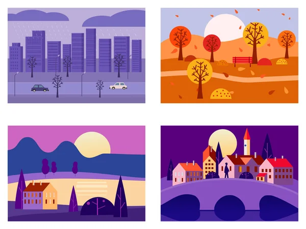 Set of seasons landscapes winter, summer, autumn. Rural, mountaines, field, city, sea, snow, hot, rain, night. Vector minimalistic flat illustration — стоковый вектор