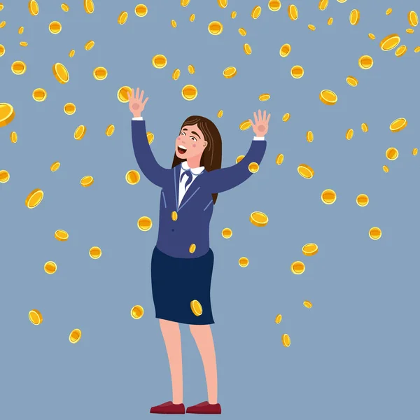 Happy businesswoman falling money coins rain. Success finance business, falling cash. Vector illustration — Stockový vektor