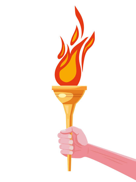 Hand hold Torch with flame, cup, symbol sport games. Icon vector