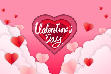 Sevgililer Günü kağıt kesim tasarım afişi, kırmızı pembe kalpler ve bulutlar. Tebrik kartı, davet, vektör için şablon arkaplanı