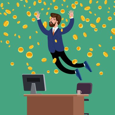 Happy businessman jump in air falling money rain in office. Success finance business, falling cash. Vector illustration