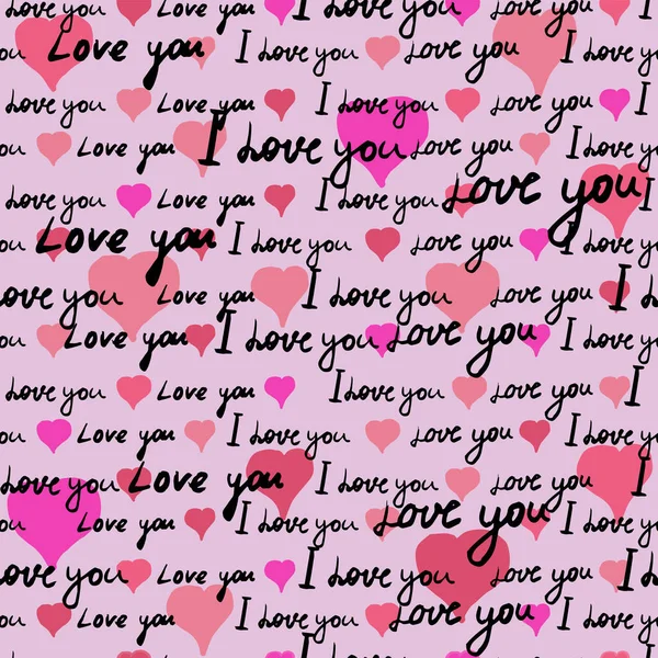 Seamless pattern Text I love you, hand written words.Sketch, doodle, lettering, hearts, happy valentines day. Vector illustration pink background — Stock Vector
