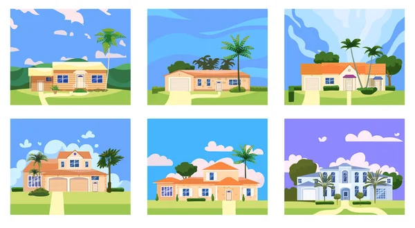 Ställ Bostadshus Byggnader i landskap tropiska träd, palmer. Hus exteriör fasader front view arkitektur familj stugor hus eller herrgårdar lägenheter, villa. Förortsegendom — Stock vektor