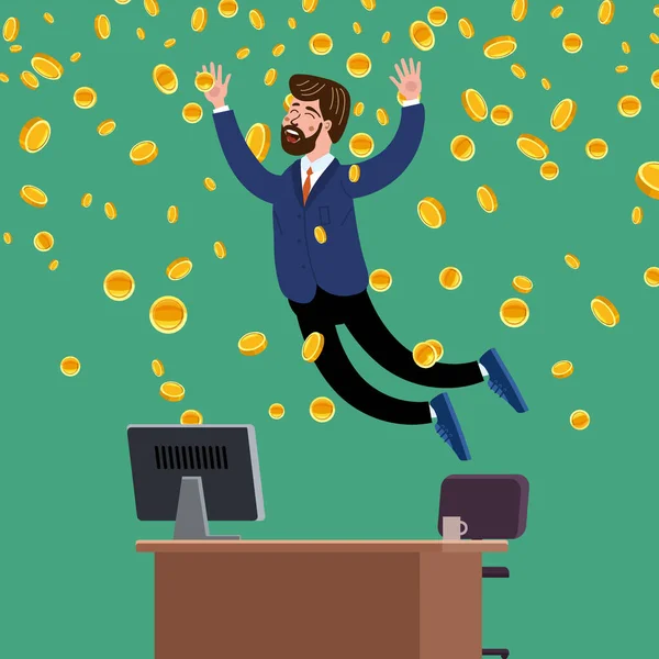 Happy businessman jump in air falling money rain in office. Success finance business, falling cash. Vector illustration — Stockvektor