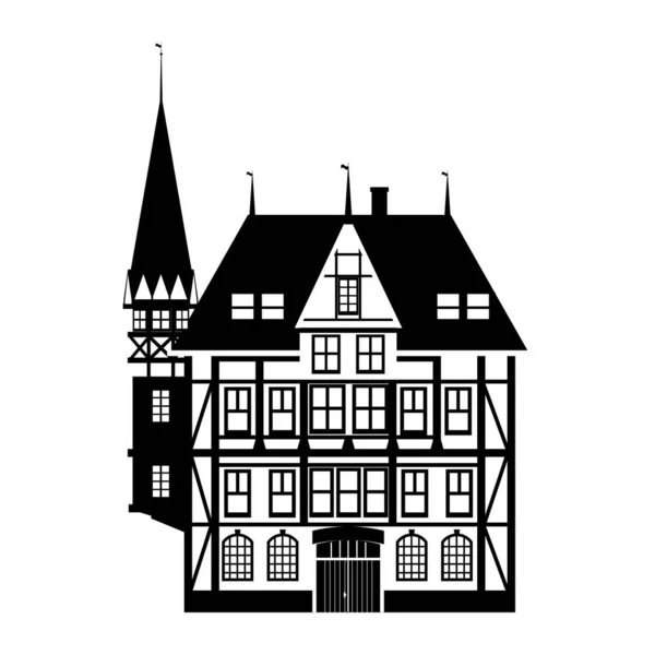 Palazzina vecchio edificio Europa e America. Icona silhouette bianco nero. Illustrazione vettoriale — Vettoriale Stock
