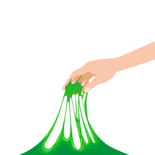 Human hand hold slime. Mucus kids toy, sticky slimy colorful green funny squesse, jelly glue liquid substance, tencion, elasticity. Vector illustration — Stock Vector