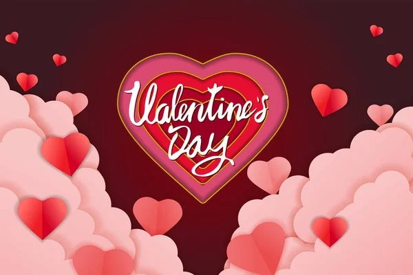 Valentijnsdag papercut ambachtelijke ontwerp banner, rood roze harten en wolken. Sjabloon achtergrond voor wenskaart, uitnodiging, vector — Stockvector
