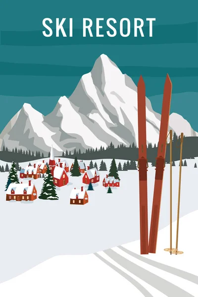 Vintage ορεινό χειμερινό θέρετρο Άλπεις, με ξύλινα πατροπαράδοτα σκι και πόλους. Χιόνι κορυφές τοπίο, πλαγιές. Ταξιδιωτική ρετρό αφίσα — Διανυσματικό Αρχείο