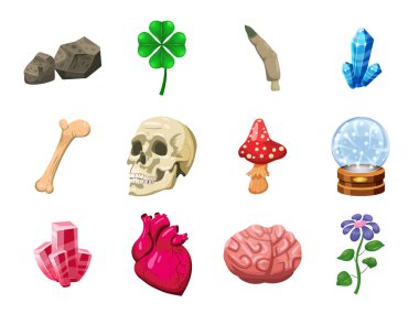 Büyücülük sihirli nesneleri yerleştirdi. Kafatası, kalp, kristal, top, göz, yonca, mantar, beyin. Vektör illüstrasyon çizgi film biçimi