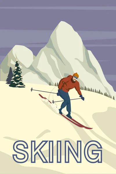 Mountain σκιέρ vintage χειμερινό θέρετρο χωριό Άλπεις, Ελβετία. Χιονισμένο τοπίο κορυφές, πλαγιές, με ξύλινα πατροπαράδοτα σκι και κοντάρια. Ταξιδιωτική ρετρό αφίσα — Διανυσματικό Αρχείο