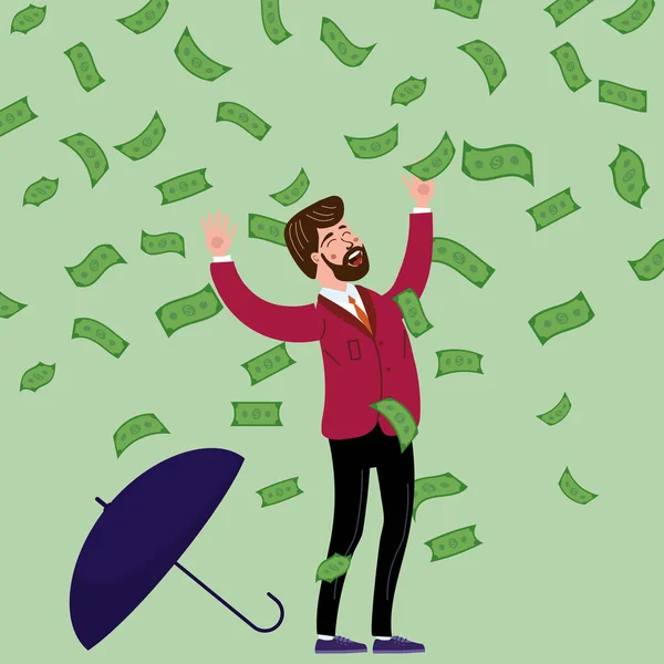 Šťastný obchodník s deštníkem padajícími penězi. Obchod s úspěšným financováním, klesající hotovost. Vektorová ilustrace — Stockový vektor