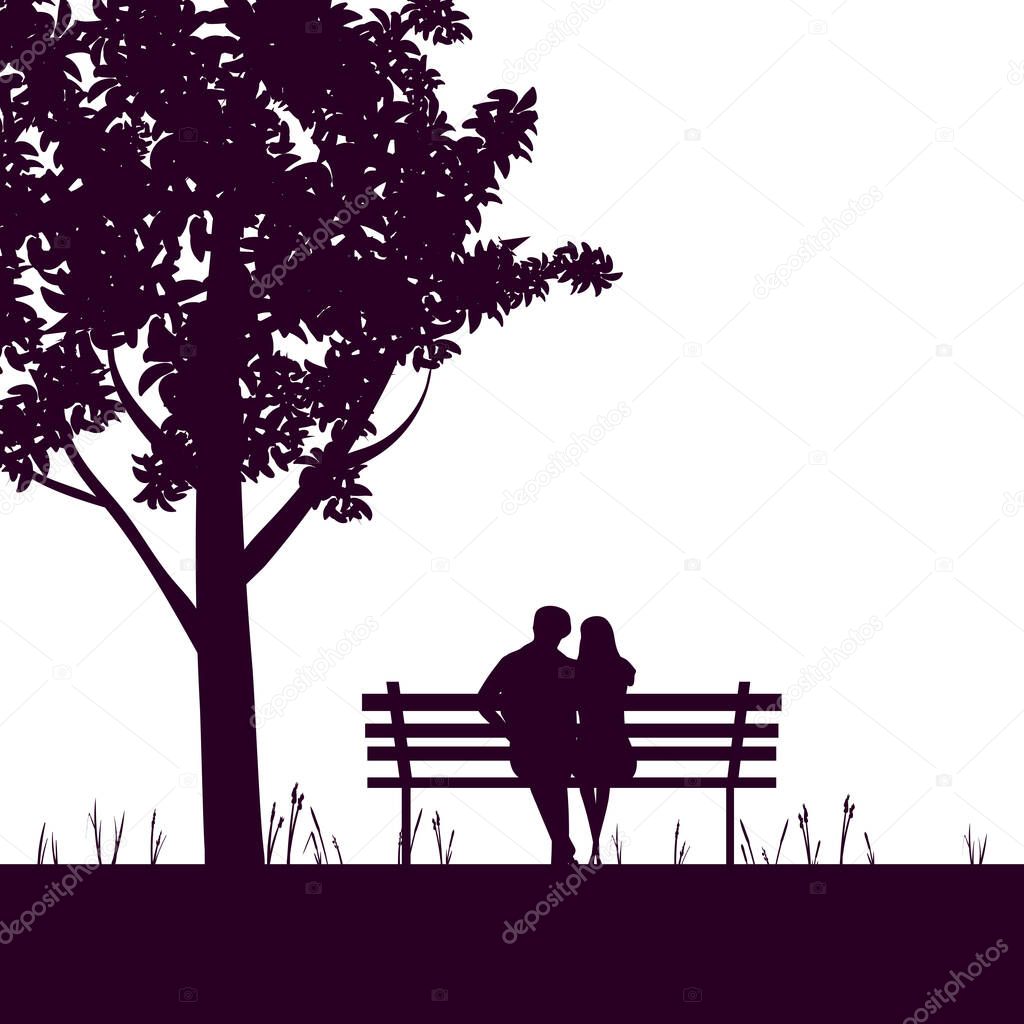 Couple lovers on bench in park, under tree. Vector illustration silhouette