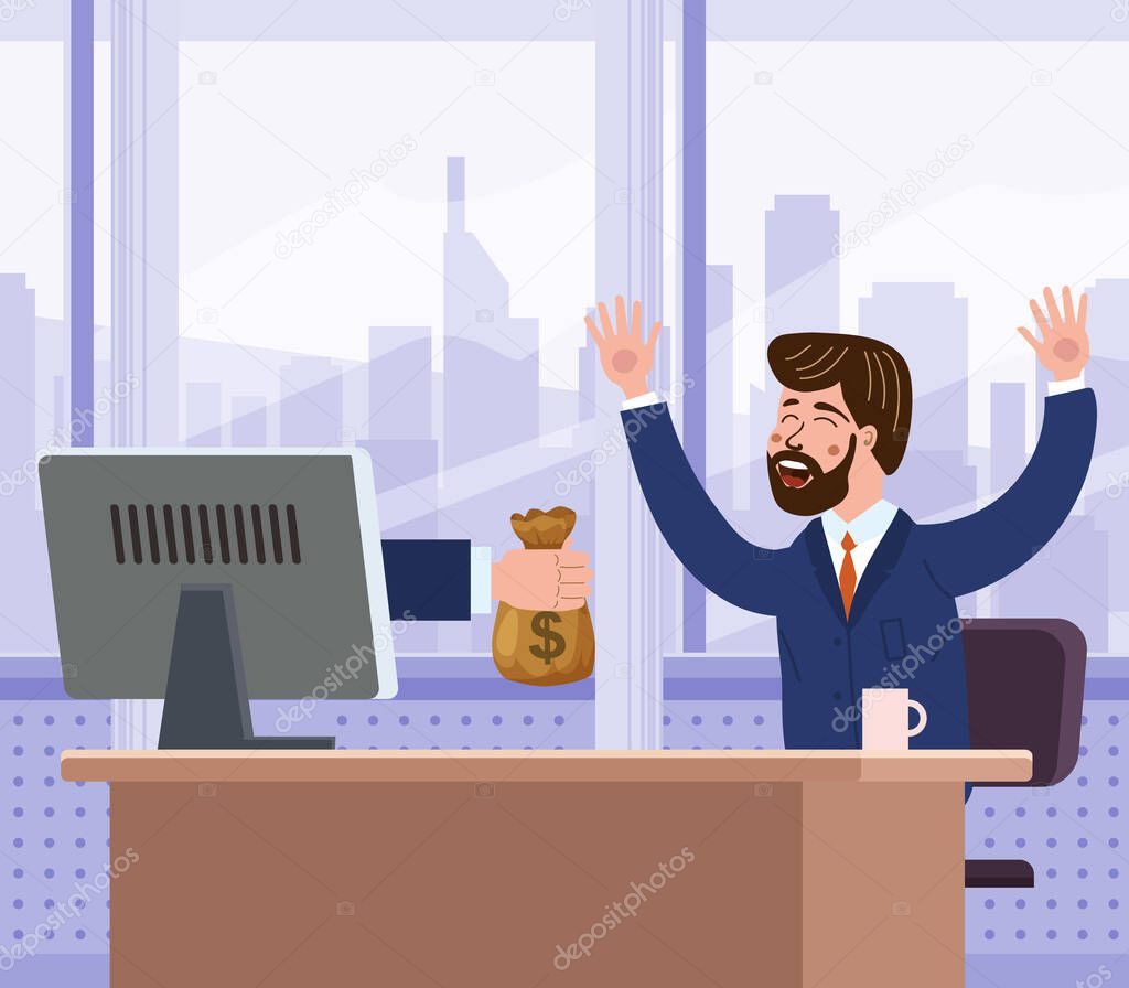 Successful joyful businessman receives a bag of money from the computer screen. Earn money online, financial success, win lottery prize. Vector illustration flat cartoon style