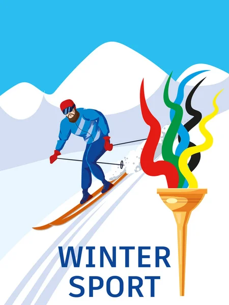 Skiers man riding on skis on snow downhill. Winter sport games, competiotion. Torch symbol sport games. Vector illustration isolated — Stock Vector