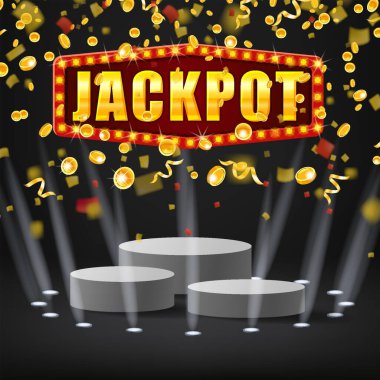 Altın sikkeler konfetisinden düşen büyük ikramiye ödüllü podyum galibi. Yuvarlak sahne kaidesi ödül töreni. Vektör illüstrasyonu