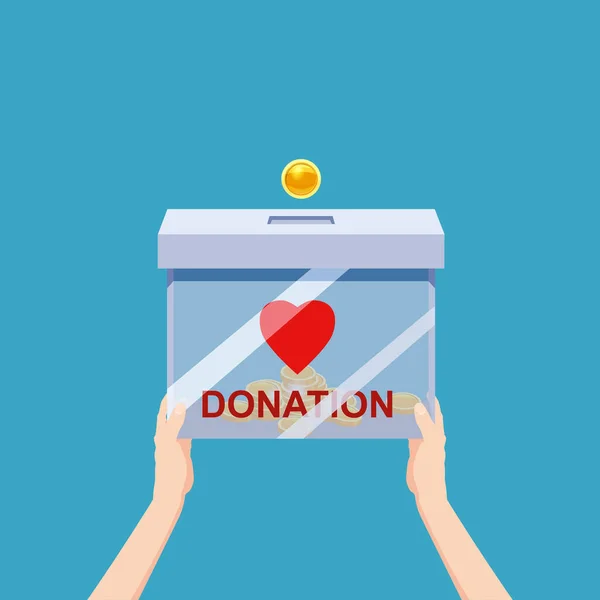 Caixa de doação mão hold com coração hed, moeda, dinheiro. Depositar em um recipiente transparente com doação de banner de texto. Ilustração vetorial —  Vetores de Stock