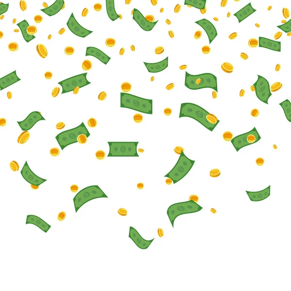 Padající papírové bankovky, zlaté mince, dolarový déšť. Létání peněz přináší štěstí, štěstí v loterii. Vektorové bílé pozadí — Stockový vektor