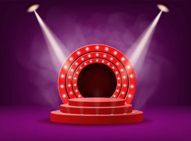 Sahne ışıkları altında sahne kürsüsü. Ödül töreni kazananı dumanlı. Kırmızı platform konsepti. Vektör illüstrasyonu