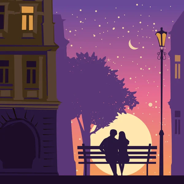 Romántico Pareja amantes en el banco de la ciudad, bajo el árbol, edificios, linterna. Puesta de sol, noche, estrellas. Vector Feliz día de San Valentín ilustración, silueta — Vector de stock