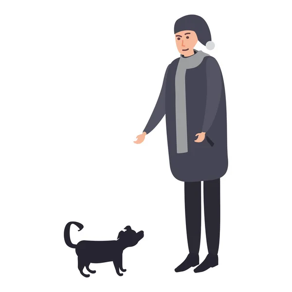 Köpekli adam, kışlık soğuk hava kıyafetleri, şapka, sıcak palto, botlar. Çizgi film düz stili — Stok Vektör