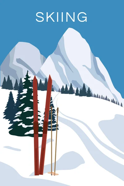 Vintage Mountain wintersportplaats Alpen, met houten ouderwetse ski 's en stokken. Sneeuwlandschap pieken, hellingen. Reizen retro poster — Stockvector