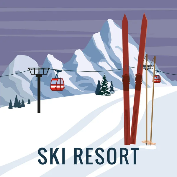 Mountain vintage winter resort village Alps, Switzerland. Snow landscape peaks, slopes with red gondola lift, with wooden old fashioned skis and poles. Travel retro poster — Stock Vector