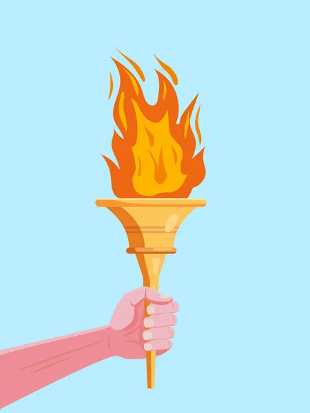 Рука держать факел с пламенем, чашка, символические спортивные игры. Иконный вектор — стоковый вектор