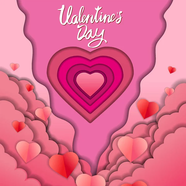 Happy Valentijnsdag papier gesneden ambachtelijke ontwerp banner, rood roze harten en wolken. Achtergrondsjabloon voor wenskaart, uitnodiging, vector — Stockvector