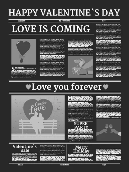 Valentines day newspaper seamless pattern. Background with title header, unreadable text, retro. Vector illustration vintage — Vetor de Stock