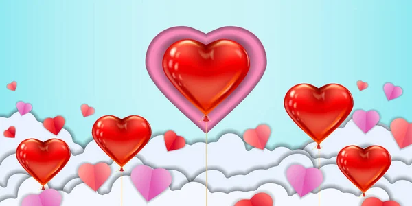 Feliz día de San Valentín diseño artesanal papel bandera horizontal, rojo corazones globo rosa y nubes. Fondo de la plantilla para la tarjeta de felicitación, venta, invitación, vector — Archivo Imágenes Vectoriales