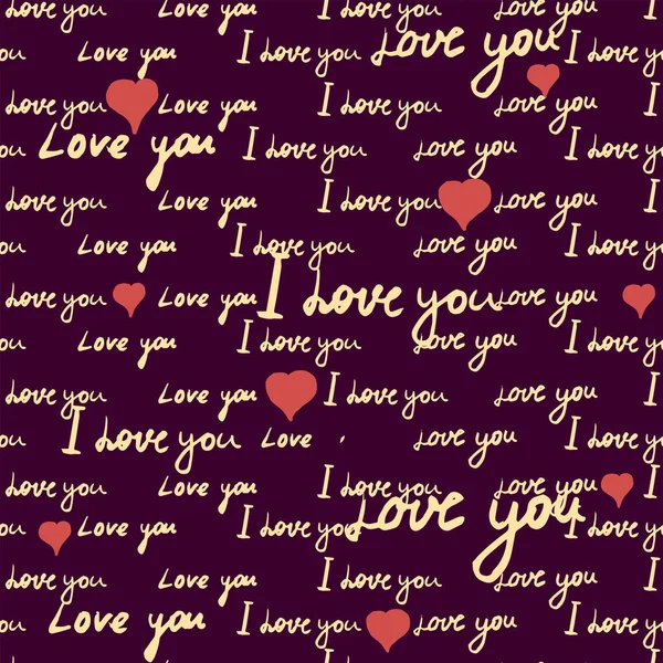 Text I love you, hand written words, pink hearts. Seamless pattern, sketch, doodle, lettering, happy valentines day. Vector illustration black background — 图库矢量图片