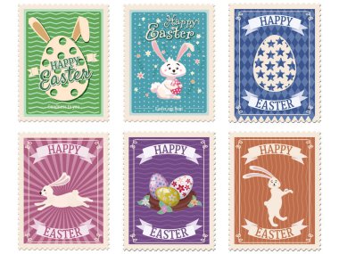 Paskalya posta pulları, tavşanlar, yumurtalar, retro grafikler. Eski koleksiyon