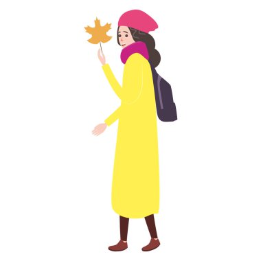 Genç bayan kış soğuk hava kıyafetleri, kep, sıcak sarı palto, atkı, botlar, sırt çantası. Çizgi film düz stili