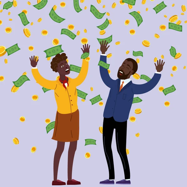 Mujer africana feliz y hombre cayendo lluvia de dinero. Negocios financieros exitosos, caída de efectivo. Ilustración vectorial — Archivo Imágenes Vectoriales