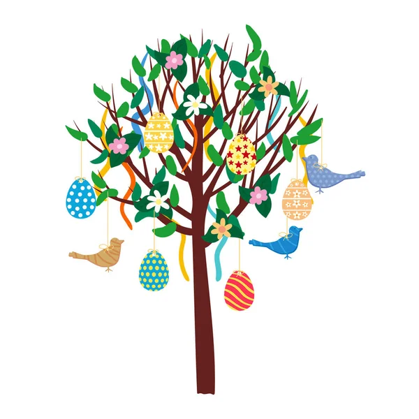 Easter Tree decorated colored eggs, birds, ribbons. Vector illstration — Stock Vector