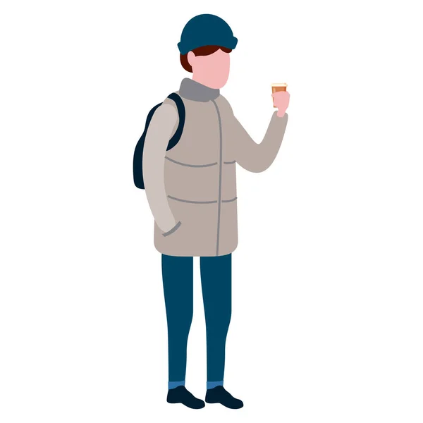 Jeune homme avec un sac à dos, tasse de café, vêtements hiver froid, casquette, manteau chaud, écharpe, bottes. Cartoon style plat — Image vectorielle