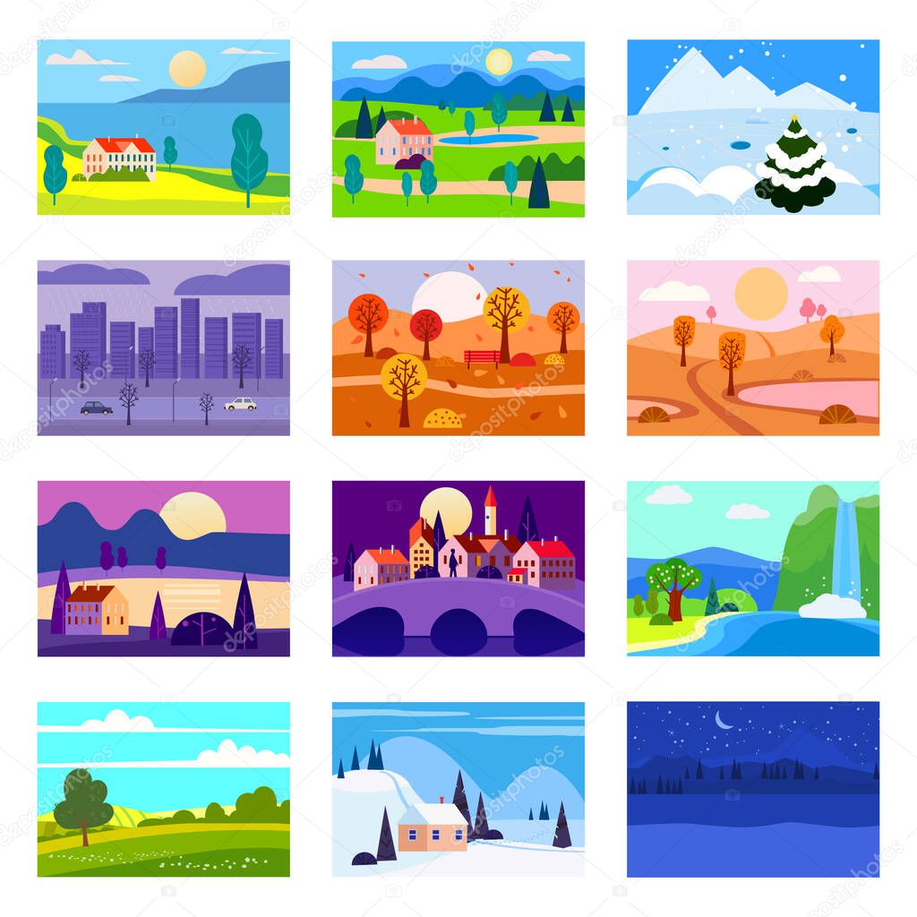 12 minimalistic calendar landscape natural backgrounds of four seasons winter, spring. summer, autumn. Set cartoon flat design seasons background