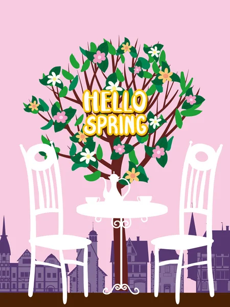Witaj Wiosna w architekturze miasta Europy, z kwiatami drzew. Kawiarnia uliczna, krzesła, stół, dzbanek do kawy. Ilustracja wektora — Wektor stockowy