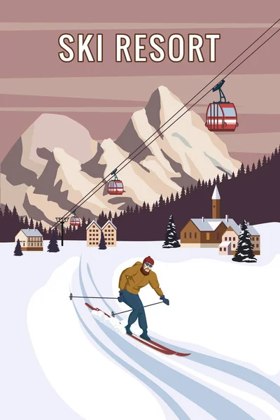 Mountain σκιέρ vintage χειμερινό θέρετρο χωριό Άλπεις, Ελβετία. Χιονισμένο τοπίο κορυφές, πλαγιές με κόκκινο τελεφερίκ γόνδολα, με ξύλινα πατροπαράδοτα σκι και κοντάρια. Ταξιδιωτική ρετρό αφίσα — Διανυσματικό Αρχείο