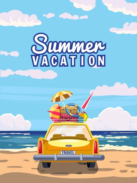 Viaggio vacanza auto gialla con valigie, tavola da surf sulla spiaggia. Mare tropicale, mare, oceano, vista sul retro. Illustrazione vettoriale cartone animato retrò — Vettoriale Stock