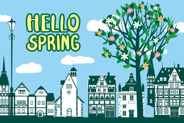 Hello Tavasz az európai város építészeti, fa virágok. Vektorillusztráció — Stock Vector
