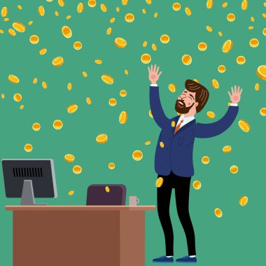 Ofisteki mutlu iş adamı para yağdırıyor. Finans işinde başarı, nakit düşüşü. Vektör illüstrasyonu