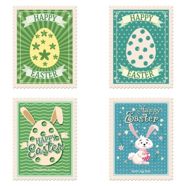 Paskalya posta pulları, tavşanlar, yumurtalar, retro grafikler. Eski koleksiyon