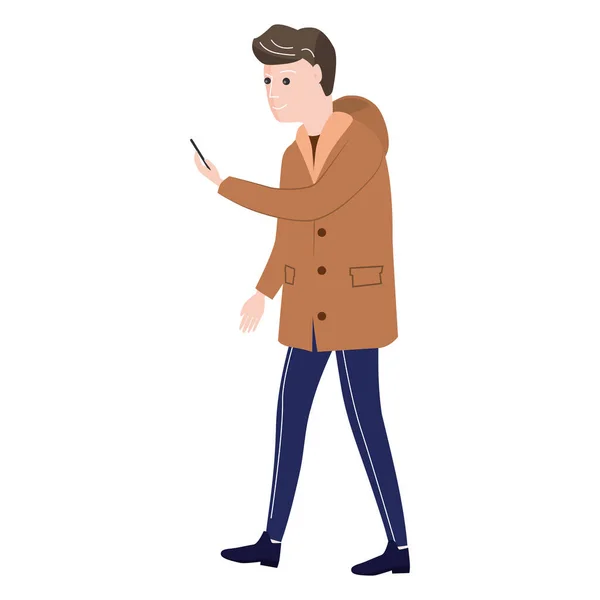 Junger Mann Winterkleidung, mit Smartphone, Mütze, warmem Mantel, Stiefeln. Zeichentrickflacher Stil — Stockvektor