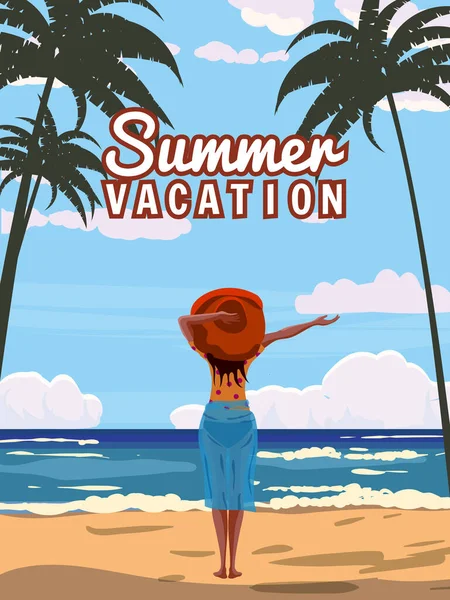 Frau im Sommerurlaub, Badeort am Strand, trägt einen roten Hut, der zur Erholung einlädt. Tropischer Urlaubsort, Palmen, Meer, Meer. Vektorillustration — Stockvektor
