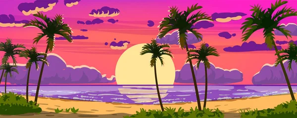 Coucher de soleil Océan Panorama paysage station tropicale. Plage au bord de la mer, soleil, exoti csilhouettes palmiers, littoral, nuages, ciel, vacances d'été. Illustration vectorielle style dessin animé — Image vectorielle