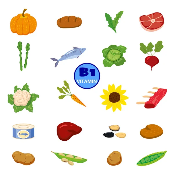 Sada přírodních zdrojů vitamínu B. Zdravé diáře jídlo, thiamin, ovoce, zelenina, zelenina, ryby, ořechy, maso, chleba. Organické dietní produkty, sbírka přírodní výživy. Vektorový plochý — Stockový vektor