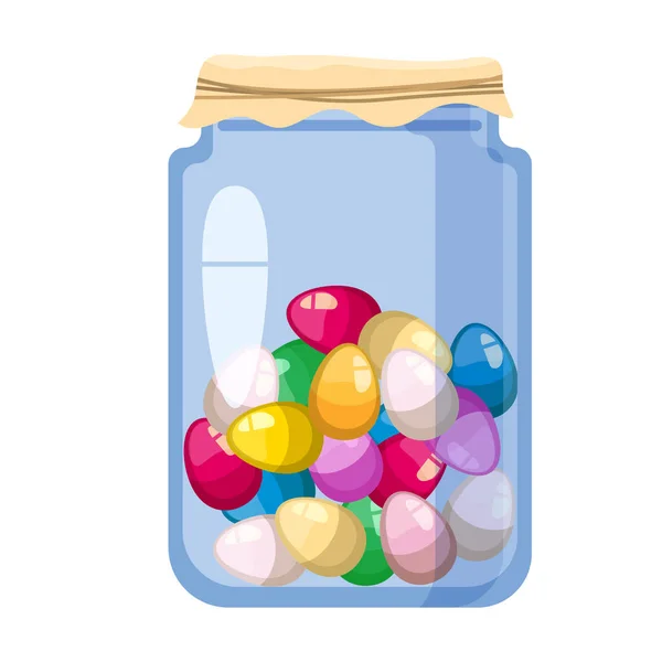 Tarro de cristal de Pascua con dulces caramelos decorados con huevo dorado. Alimento dulce — Vector de stock