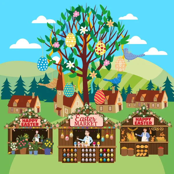 Ostermarkt-Plakat, Holiday City Spring Fair. Osterbaum Holzbuden geschmückte Blumen, bunte Ostereier, Hase, Backen. Europa Dorf Hintergrund. Vektorillustration — Stockvektor