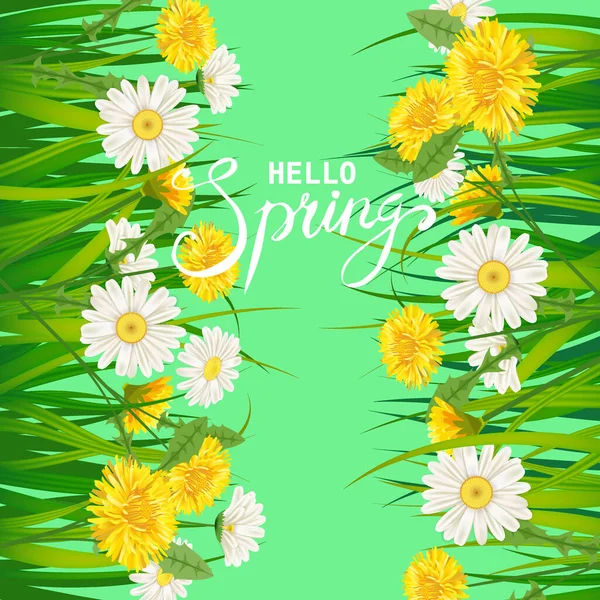 Hallo Frühling Schriftzug Vorlage Hintergrund mit Blumen Löwenzahn und Gänseblümchen, Kamille, Gras. Vektorillustration. Frisches Design für Plakate, Flyer, Grußkarten, Einladungen — Stockvektor